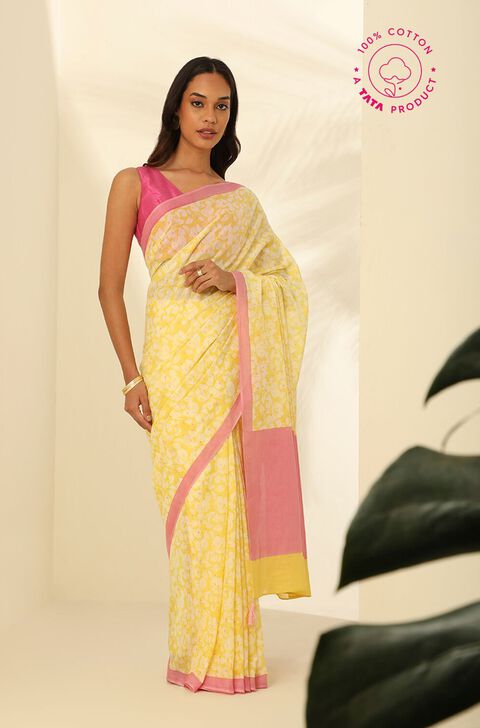 Yellow Pure Cotton Mulmul Printed Bengali Saree