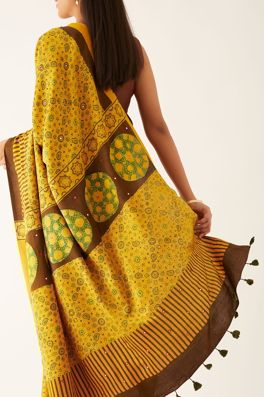 Yellow Pure Silk Ajrakh Printed Saree image number null