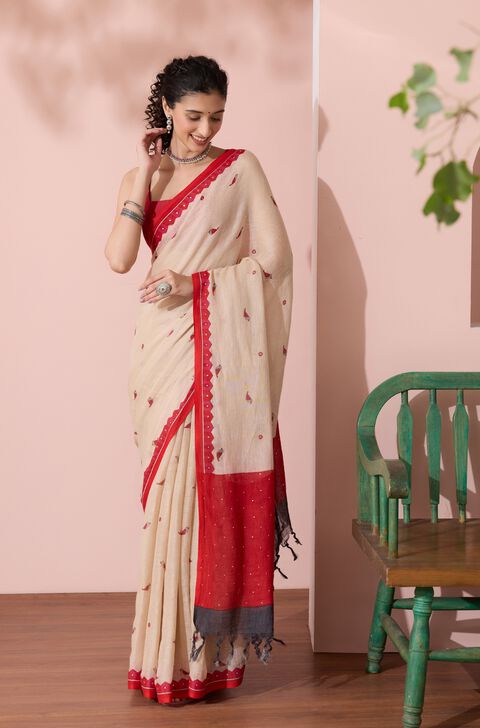 Off White Screen Printed Pure Linen Bengal Saree