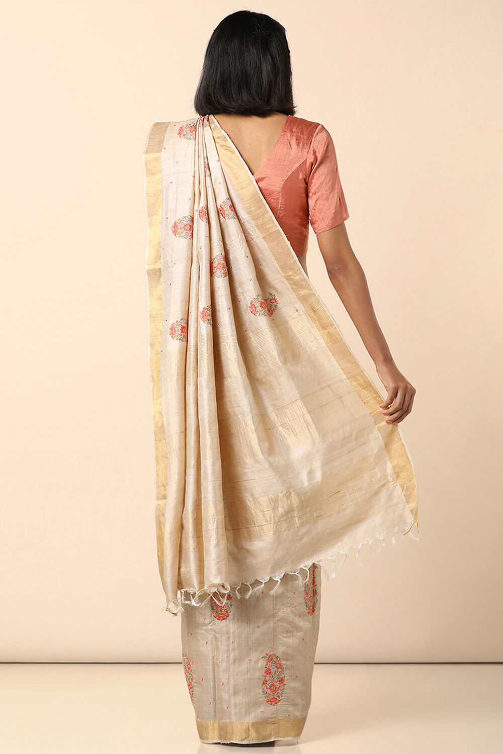 Off White Embroidered Pure Tussar Saree image number null