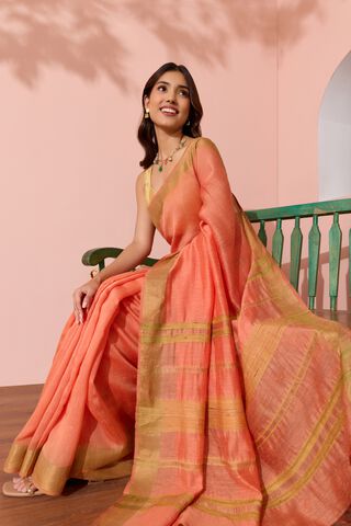 Light Orange Woven Silk Bengal Saree image number