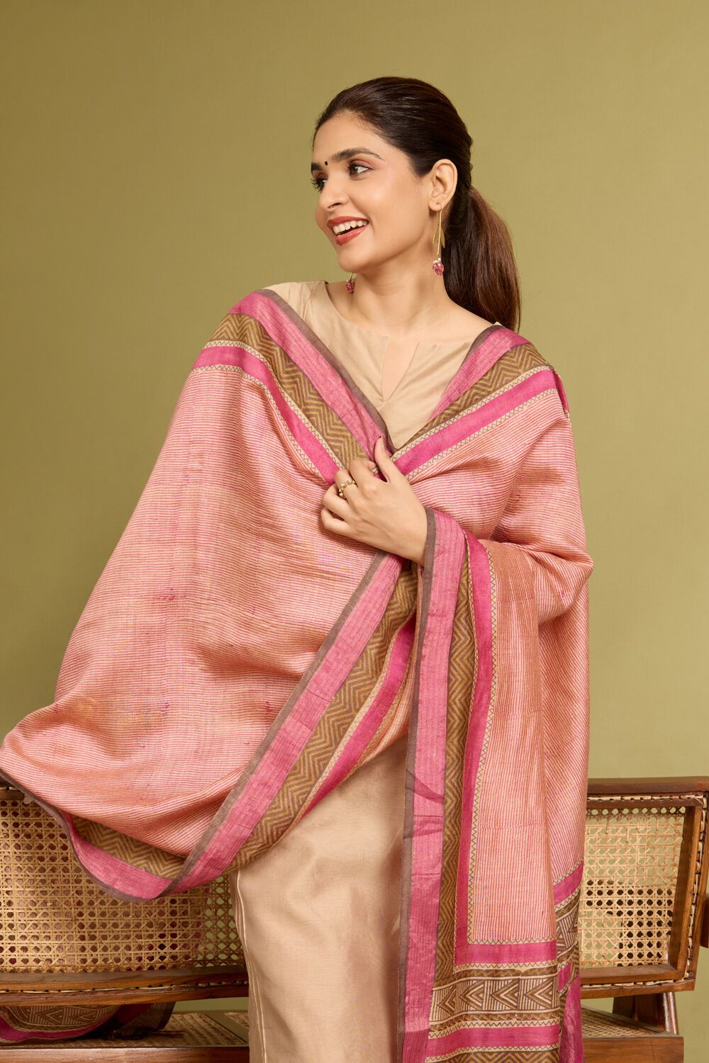 Light Pink Block Printed Silk Muga Dupatta image number null