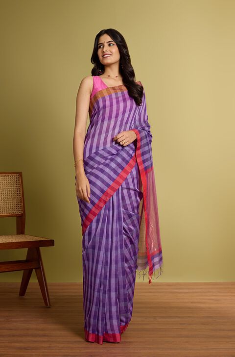 Purple Woven Pure Silk Cotton Maheshwari Saree