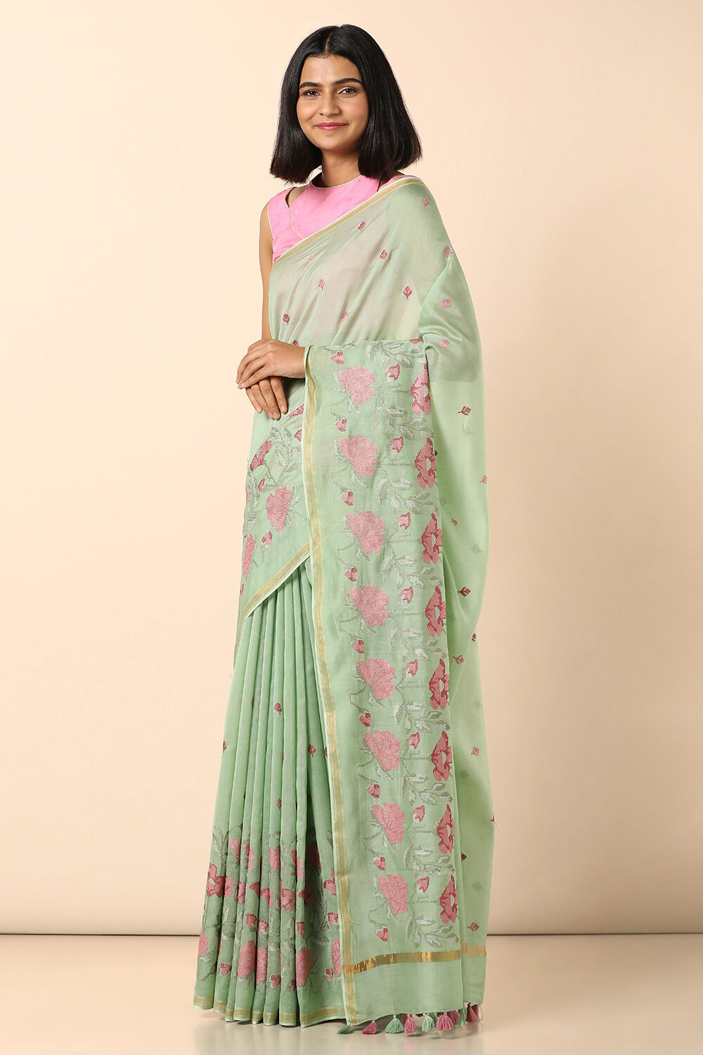 Light Green Embroidered Pure Silk Cotton Saree image number null