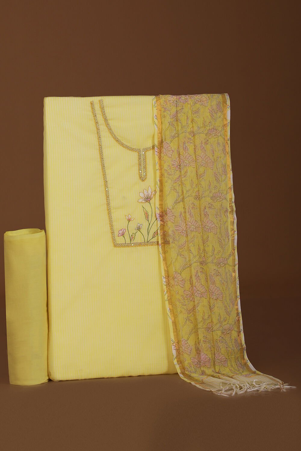 Light Yellow Pure Cotton Kota Embroidery Unstitched Suit Set image number null