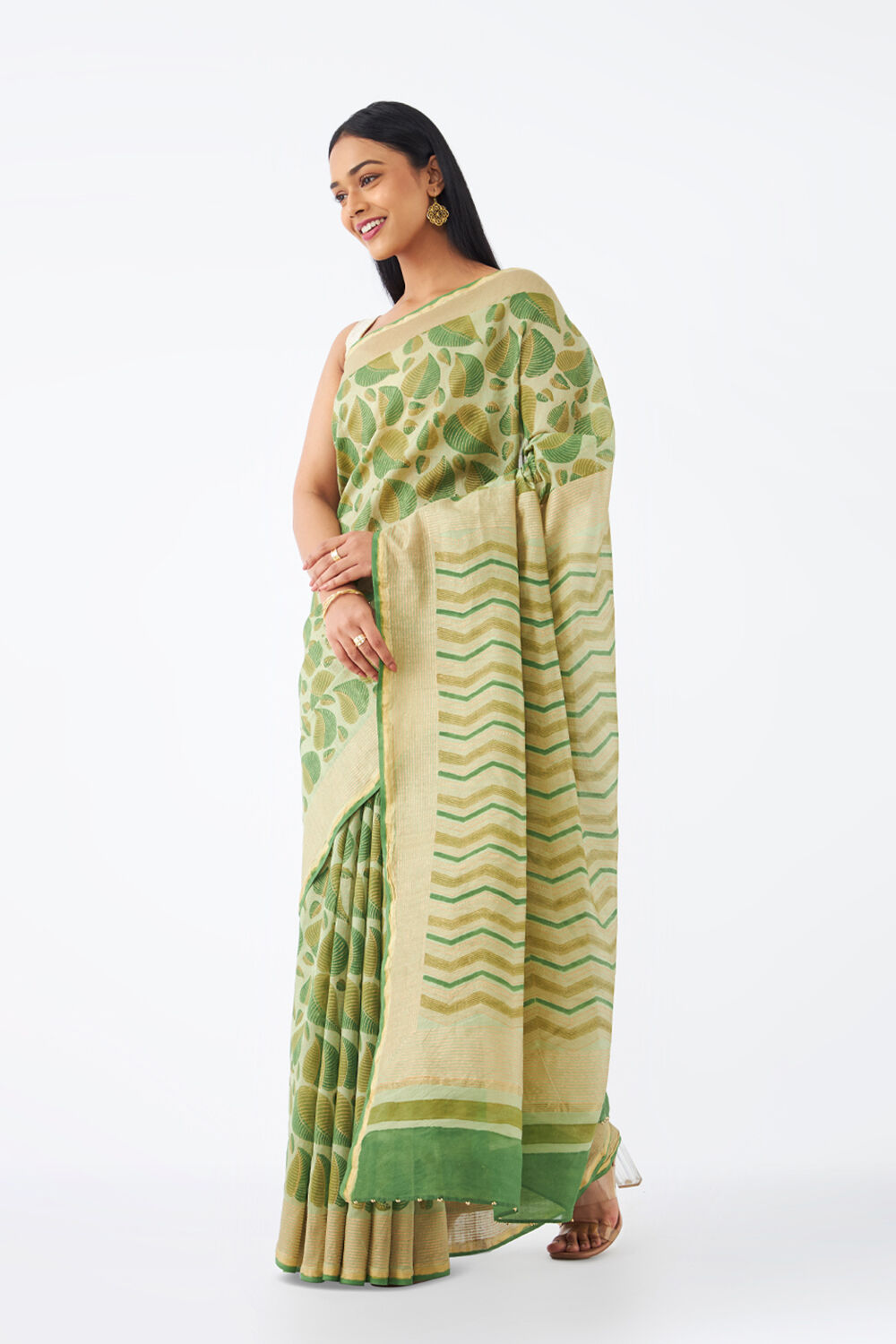 Green Pure Silk Cotton Hand Printed Saree image number null
