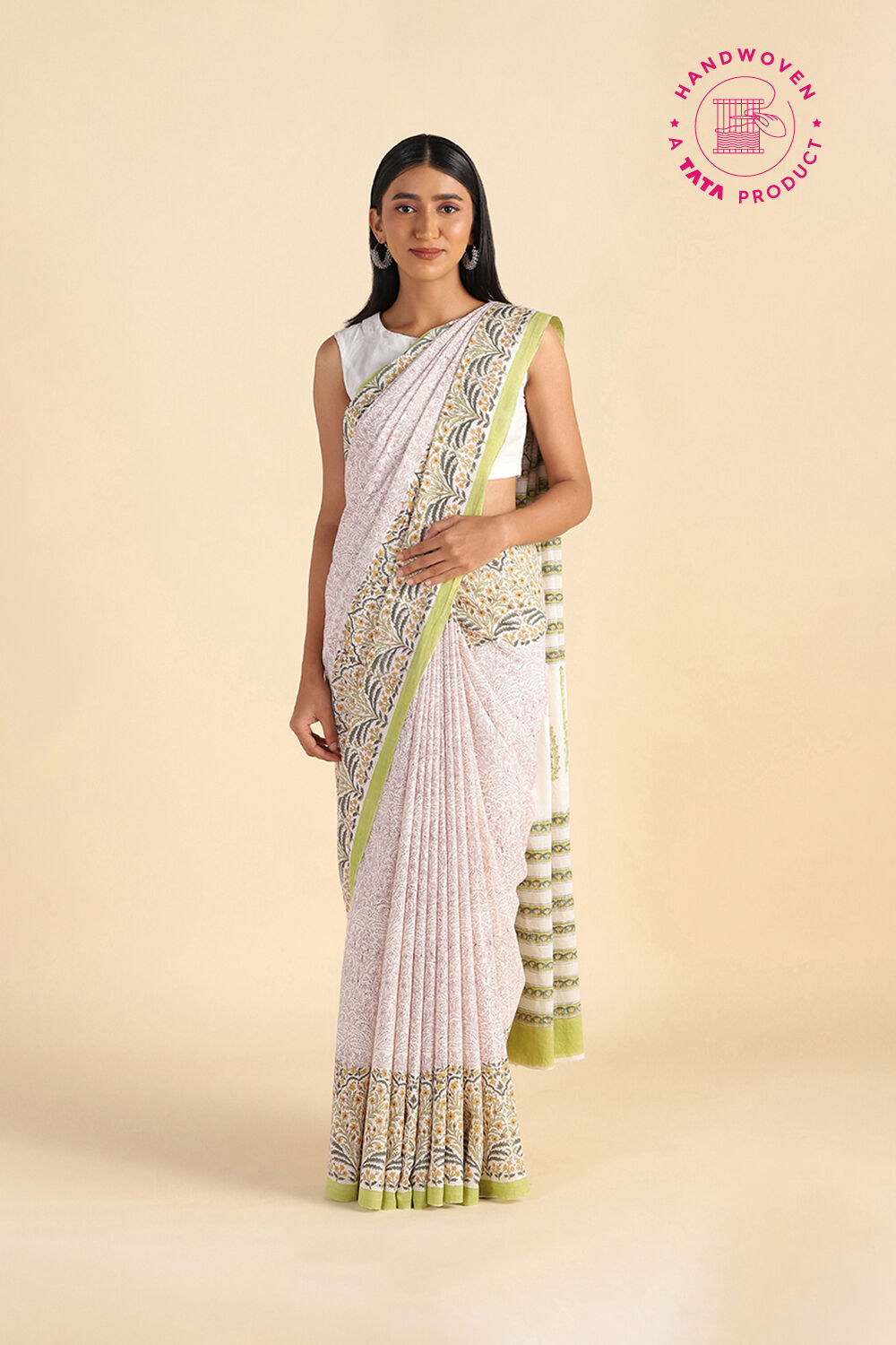 Light Green Pure Khadi Cotton Block Print Sanganeri Saree image number null