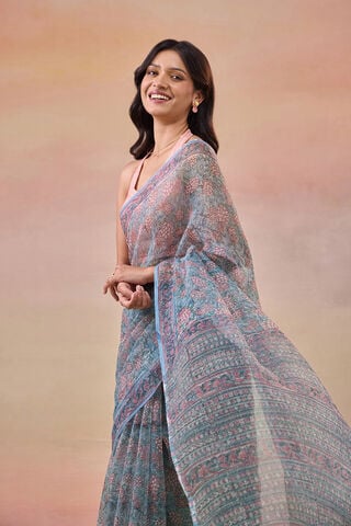 Light Blue Bagru Pure Cotton Kota Block Printed Saree thumbnail image number null