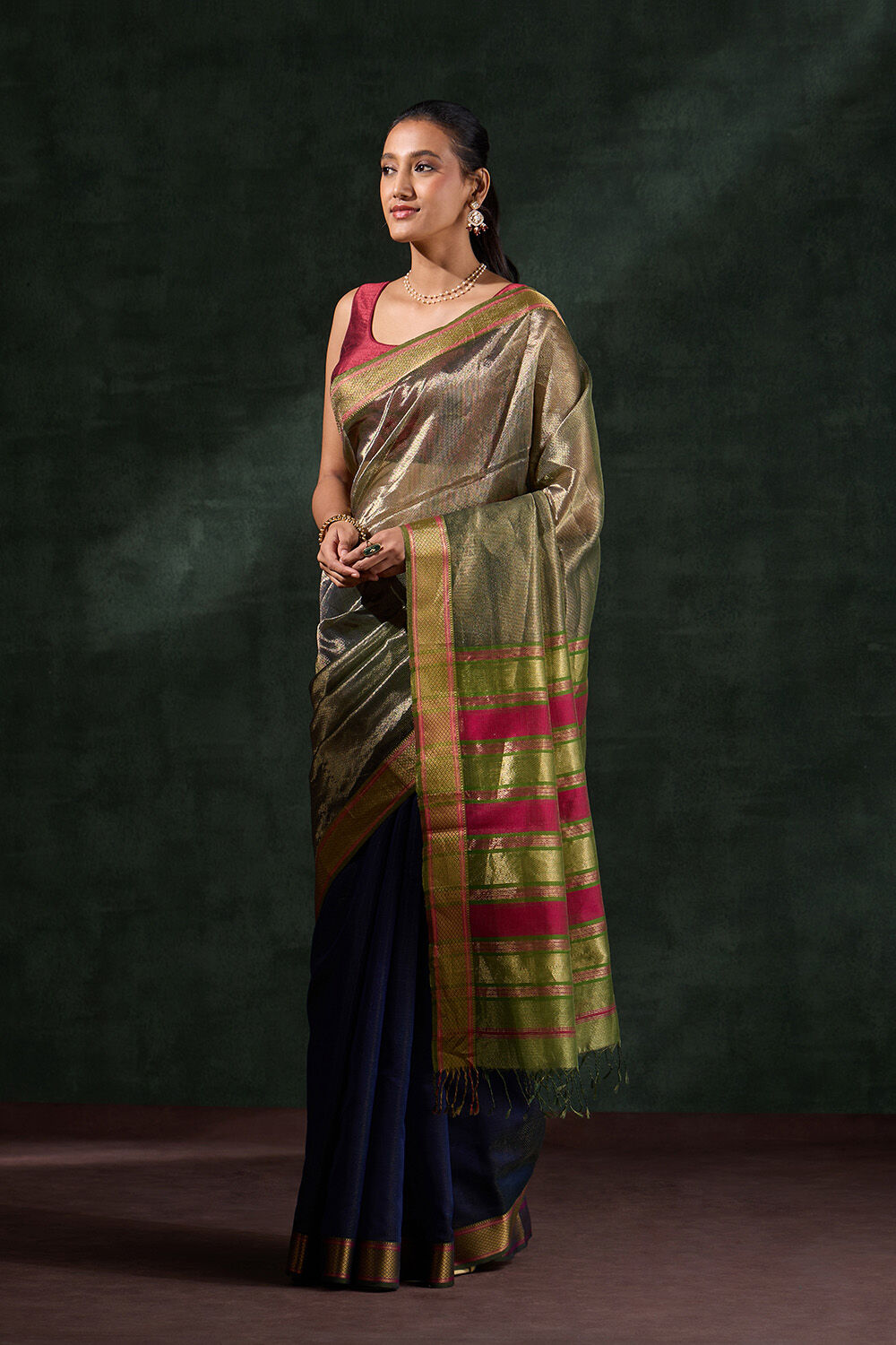 Dark Blue Woven Pure Silk Cotton Maheshwari Saree image number null