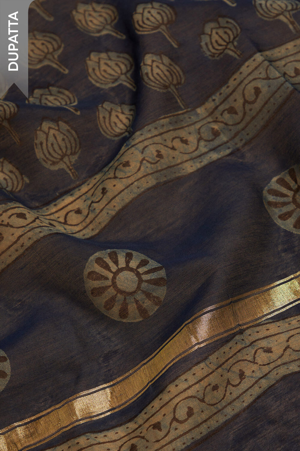 Dark Blue Block Printed Pure Silk Cotton Unstitched Suit Set image number null