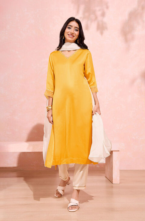Dark Yellow Viscose Embroidered Kurta Set