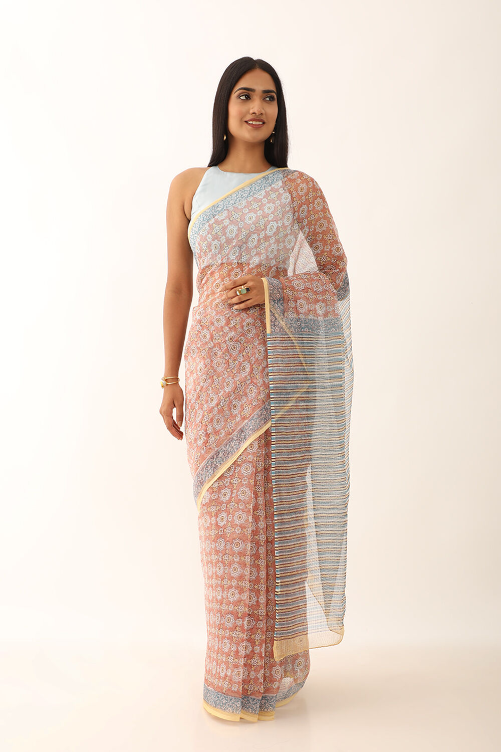 Brown Pure Kota Bagru Block Printed Saree image number null