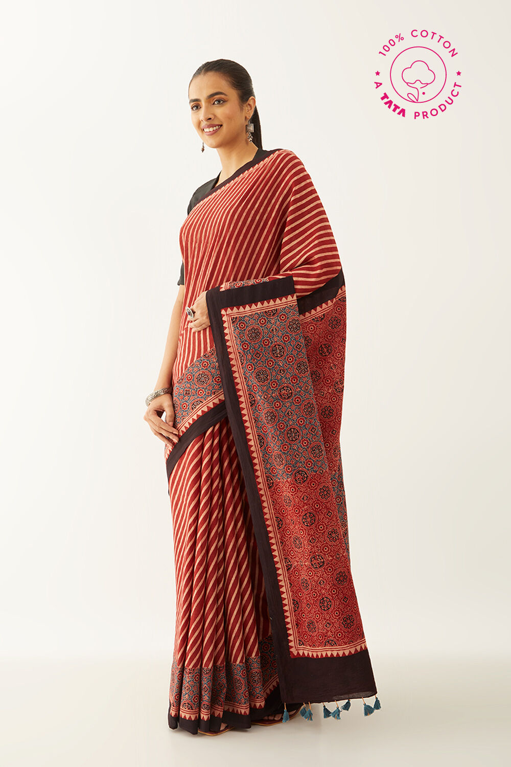 Red Pure Cotton Ajrakh Block Print Saree image number null