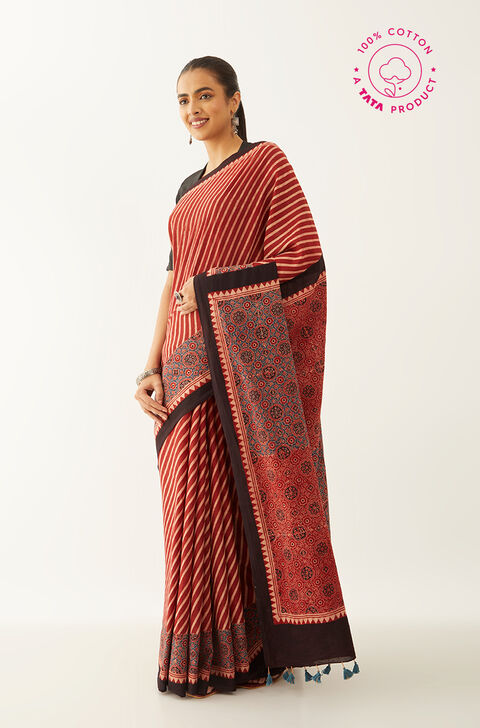 Red Pure Cotton Ajrakh Block Print Saree