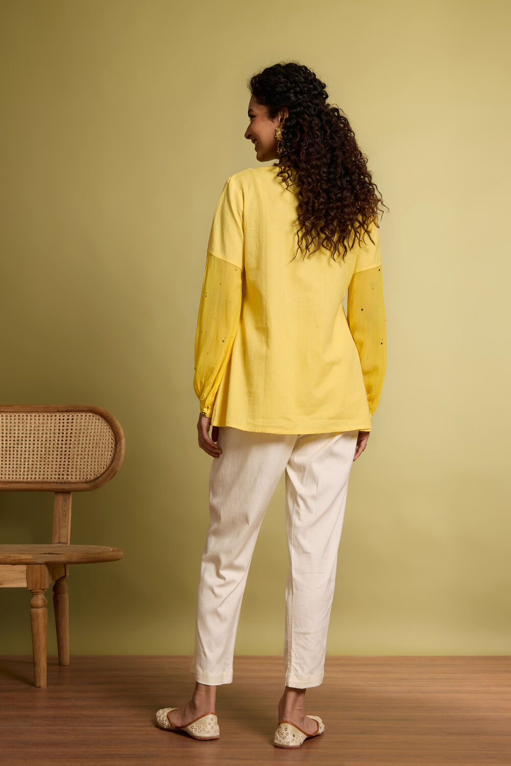 Yellow Pure Cotton Linen Mukaish Embroidered Short Top image number null