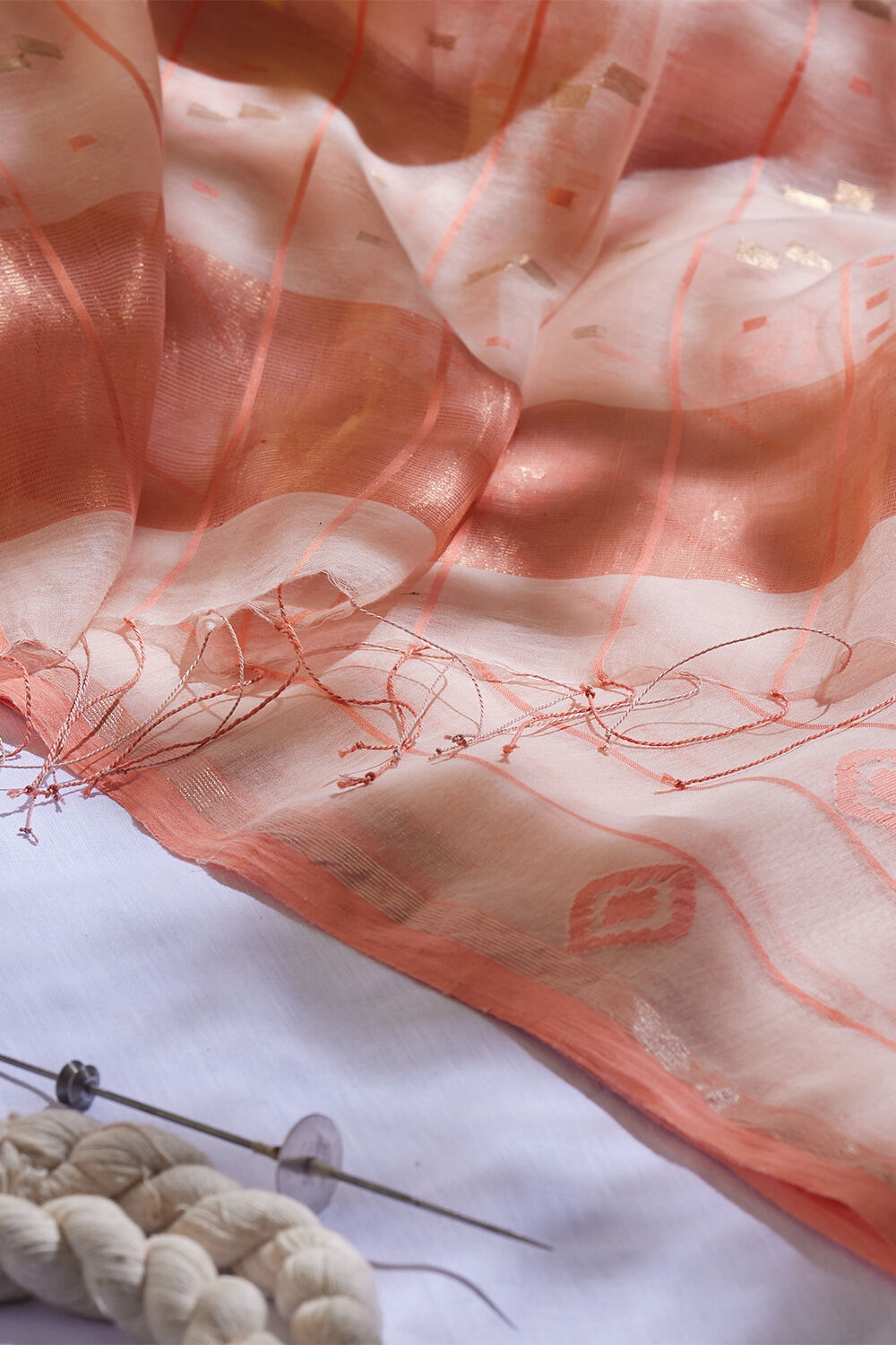 Light Orange Silk Khadi Cotton Bengal Jamdani Saree image number null