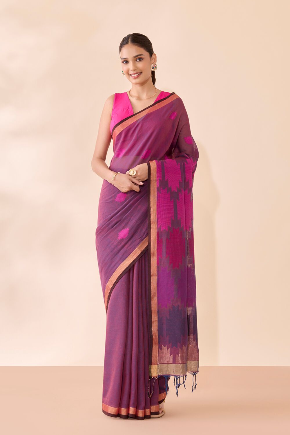 Purple Woven Pure Cotton Bengal Saree image number null