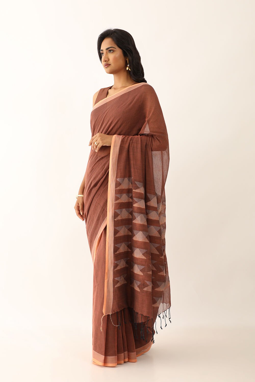 Light Orange Pure Cotton Woven Bengali Saree image number null