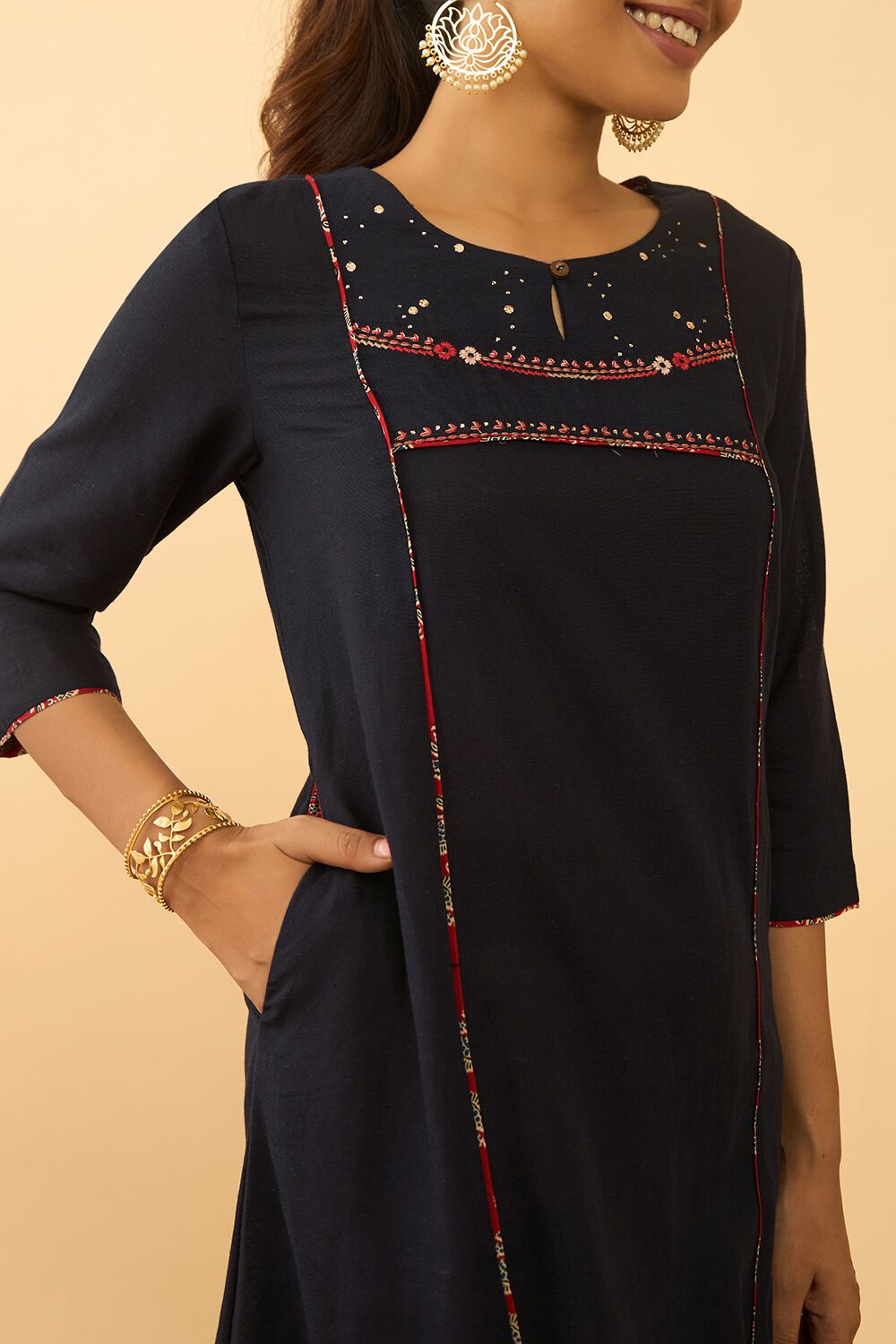 Dark Blue Rayon Cotton Embroidered Kurta image number null