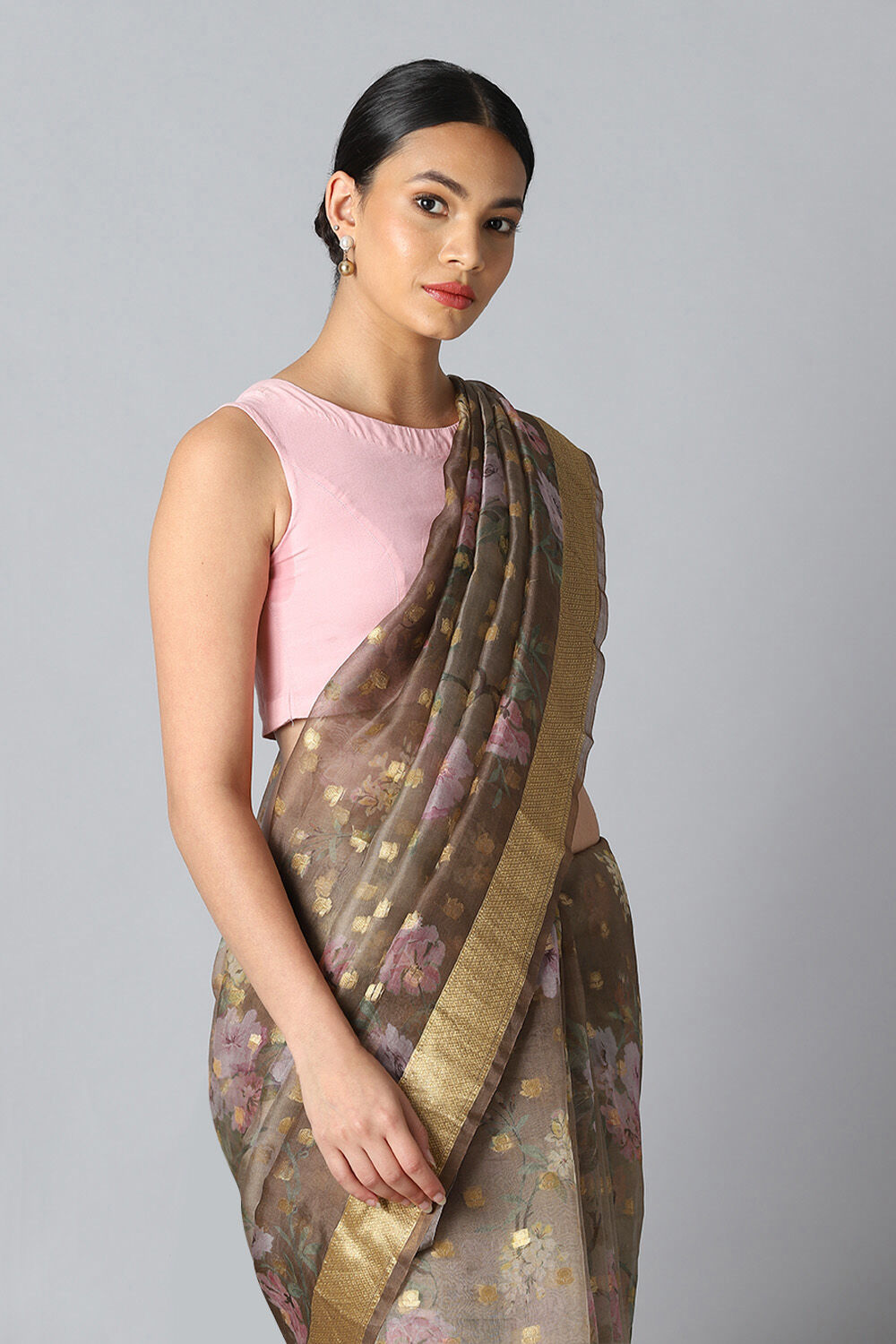 Brown Pure Organza Digital Printed Saree image number null