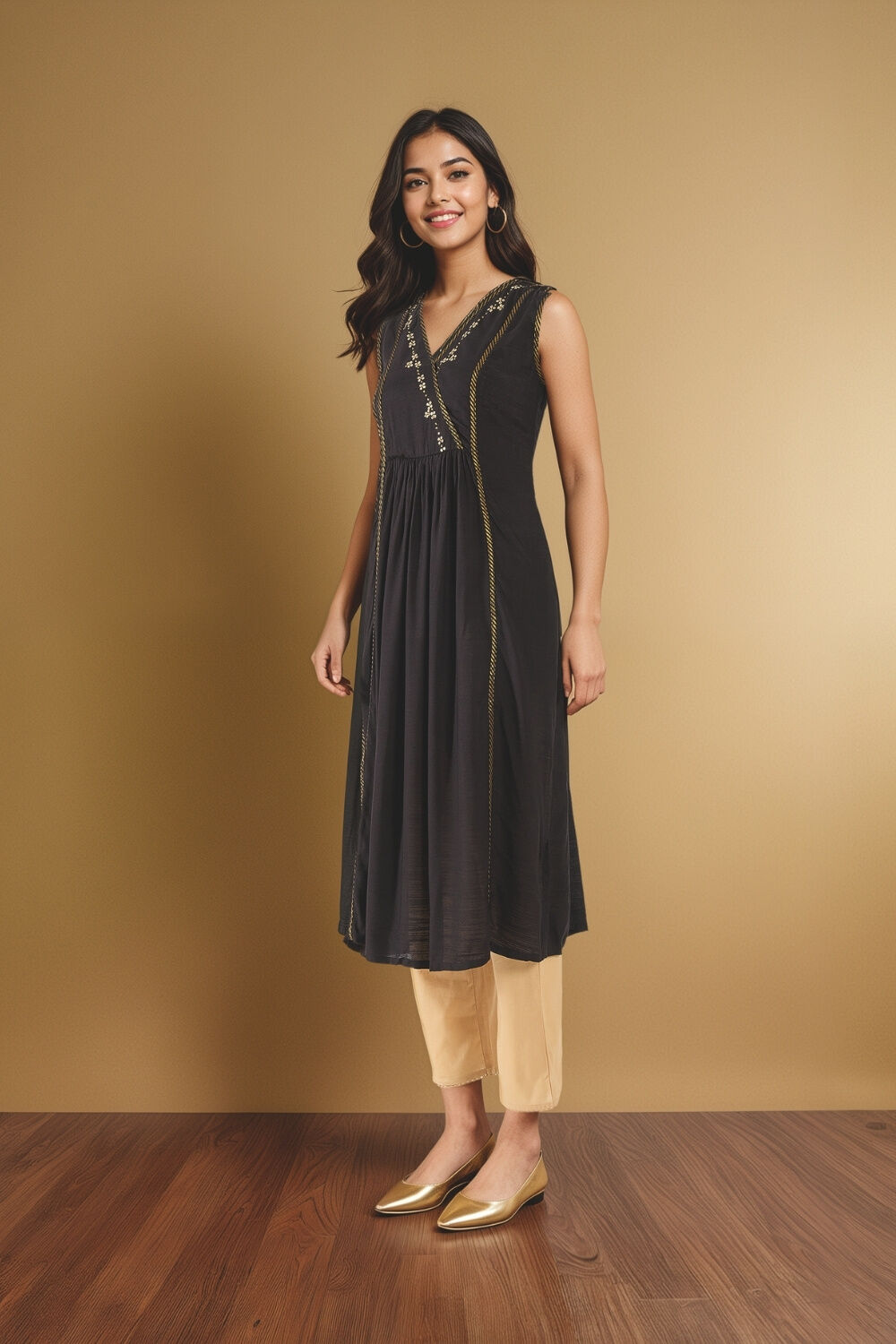 Black Embroidered Viscose Kurta image number null