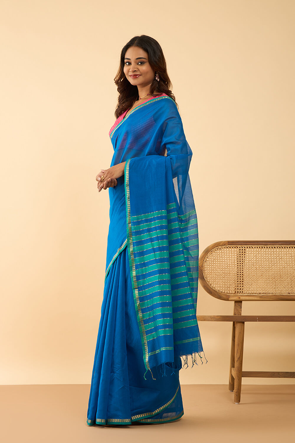 Dark Blue Woven Pure Silk Cotton Maheshwari Saree image number null