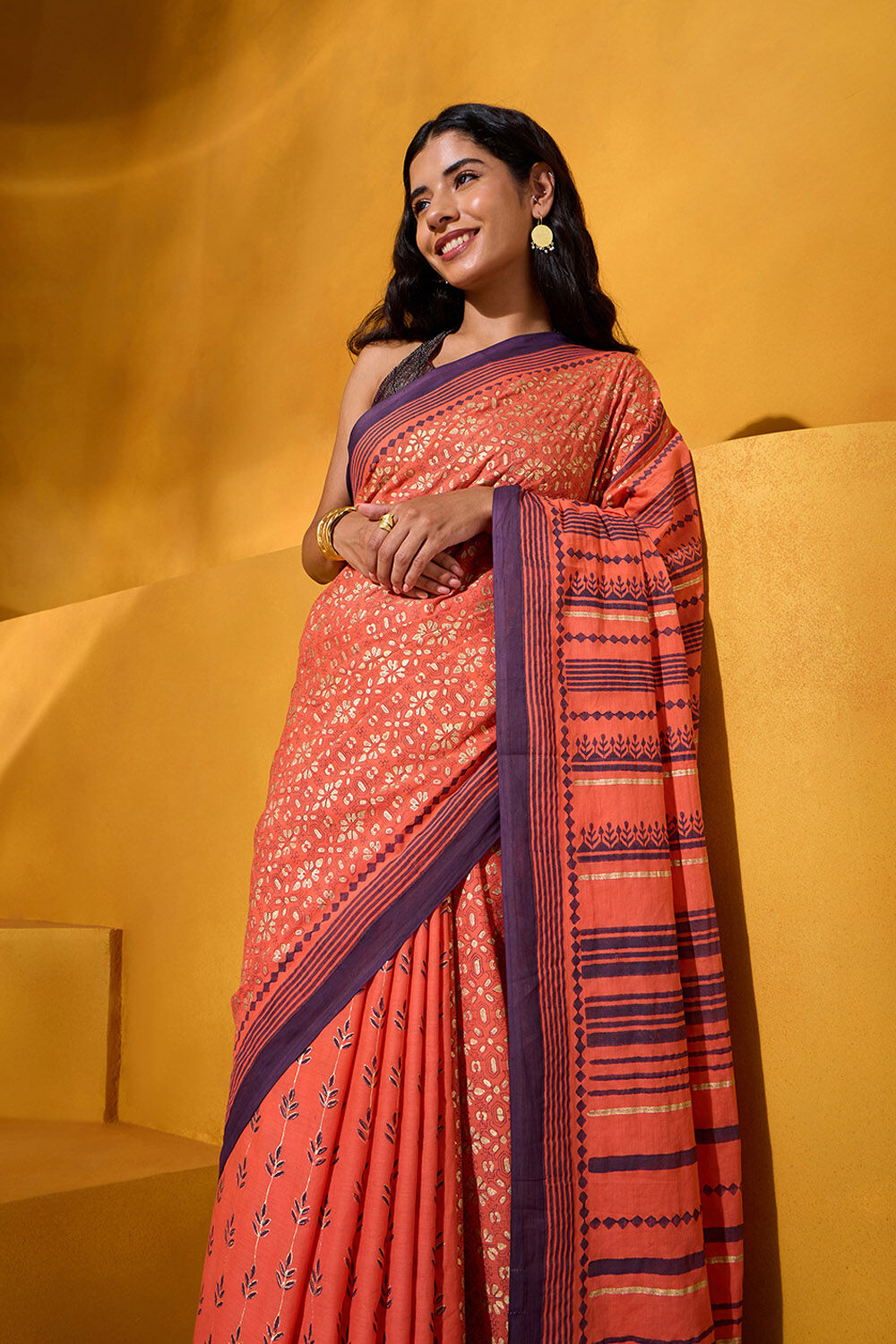 Orange Pure Cotton Mulmul Block Printed Bengal Saree image number null