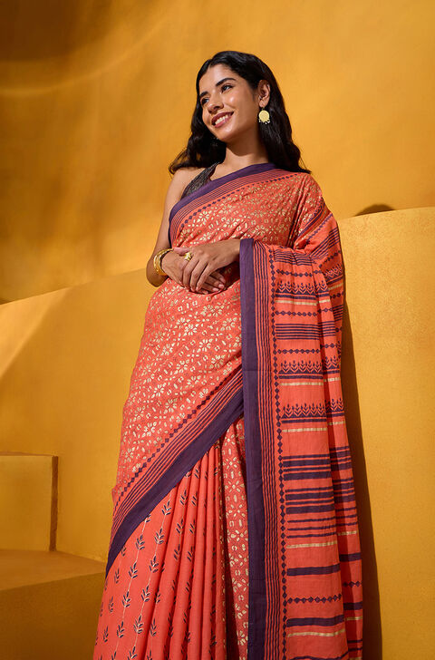 Orange Pure Cotton Mulmul Block Printed Bengal Saree