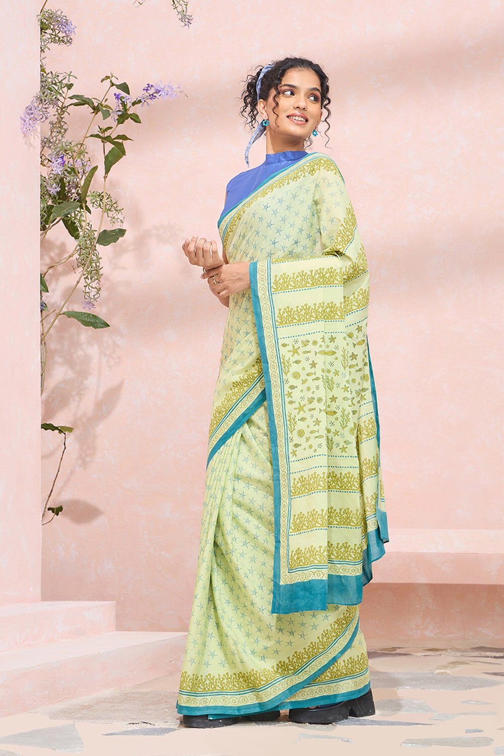 Light Green Pure Cotton Mulmul Block Printed Bengal Saree image number null