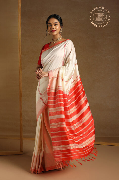 Off White Pure Silk Woven Bengali Saree
