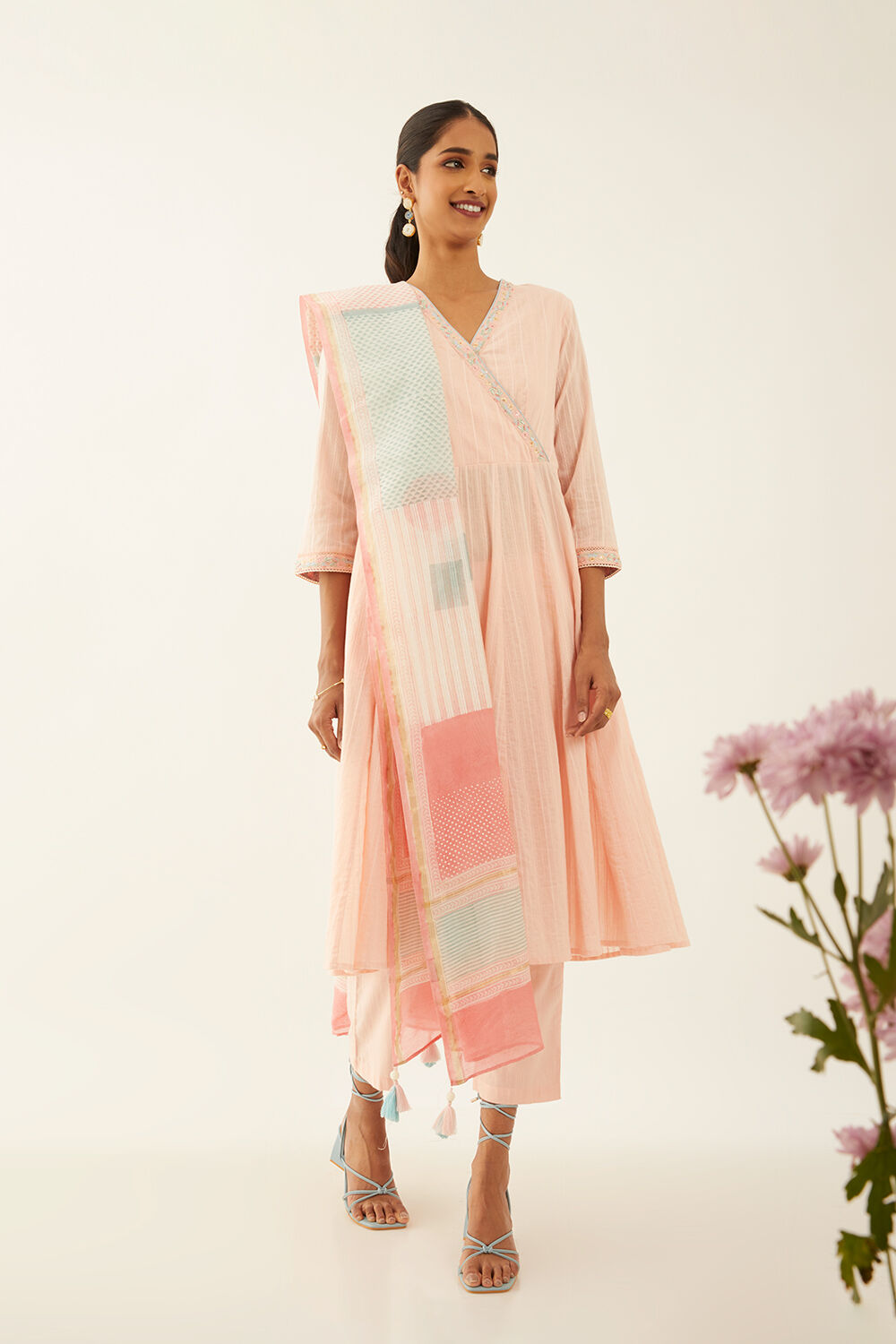 Light Pink Cotton Block Printed Kurta Set image number null
