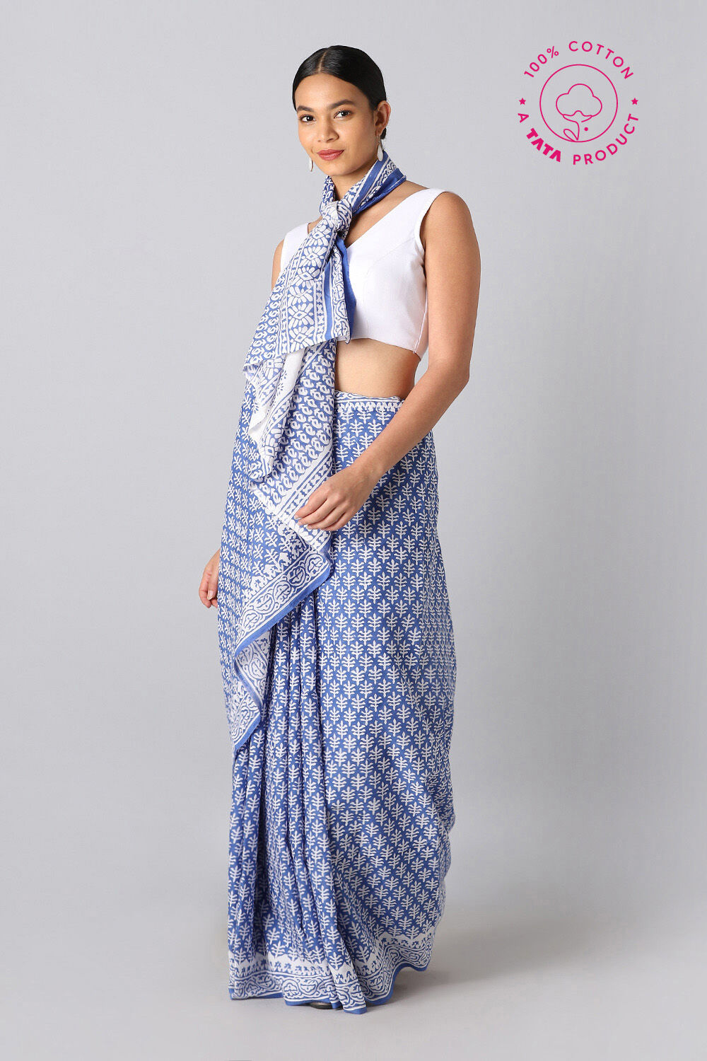 Blue Pure Cotton Sanganeri Printed Saree image number null