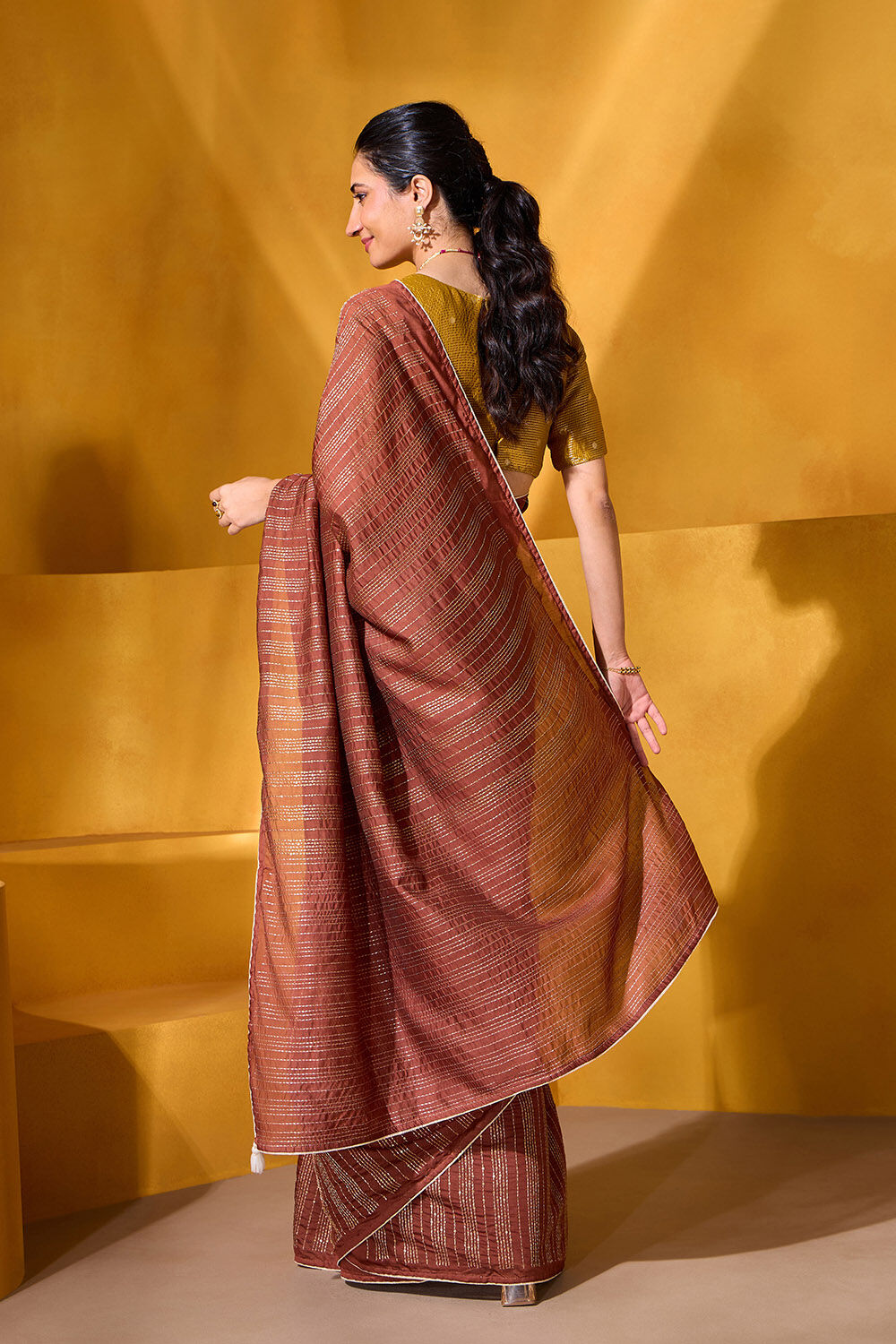 Brown Silk Modal Embroidered Saree image number null