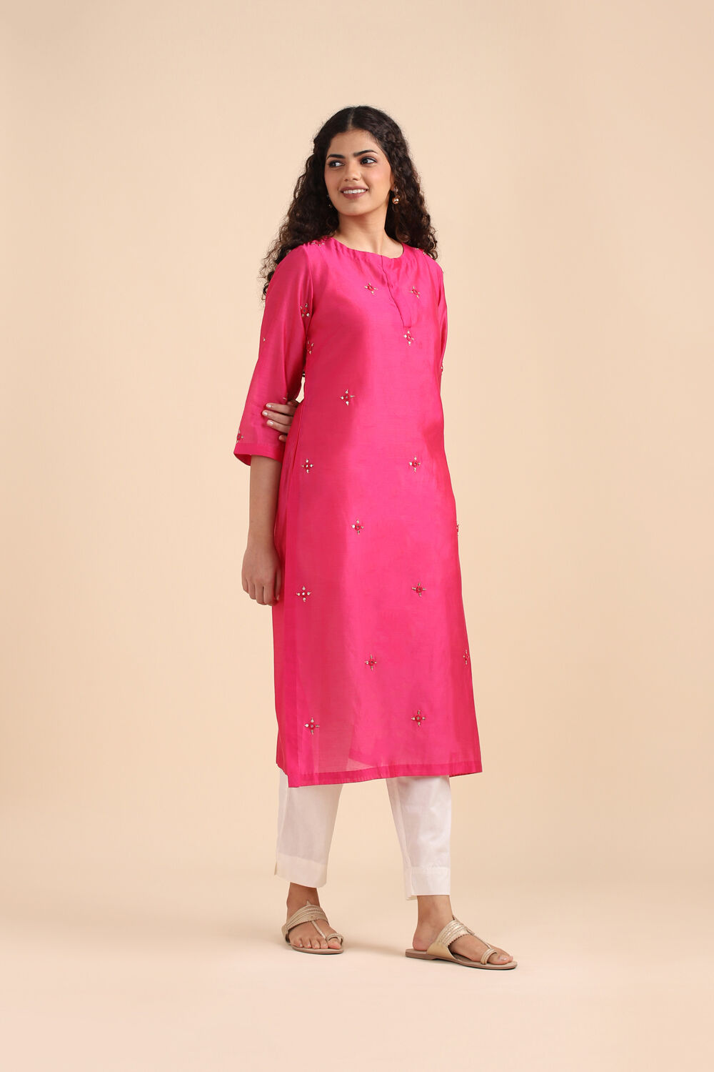Pink Silk Cotton Embroidered Kurta image number null