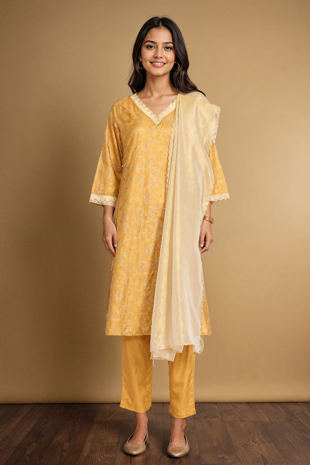 Yellow Viscose Block Printed Kurta Set image number null