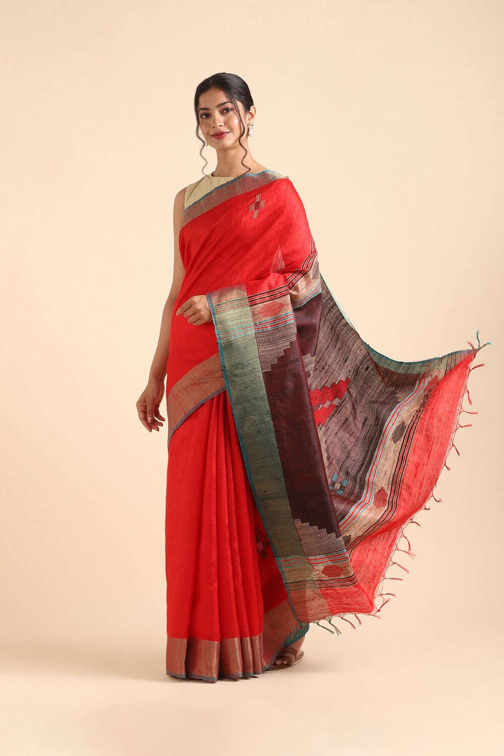 Red Pure Tussar Silk Bhagalpuri Saree image number null