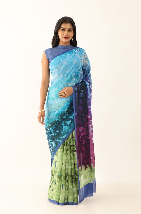 Blue Viscose Crepe Printed Saree