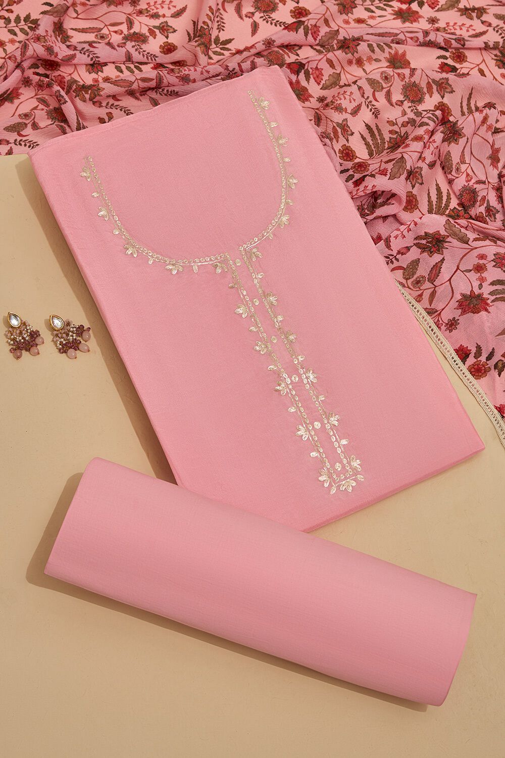 Light Pink Viscose Embroidered Unstitched Suit Set image number null