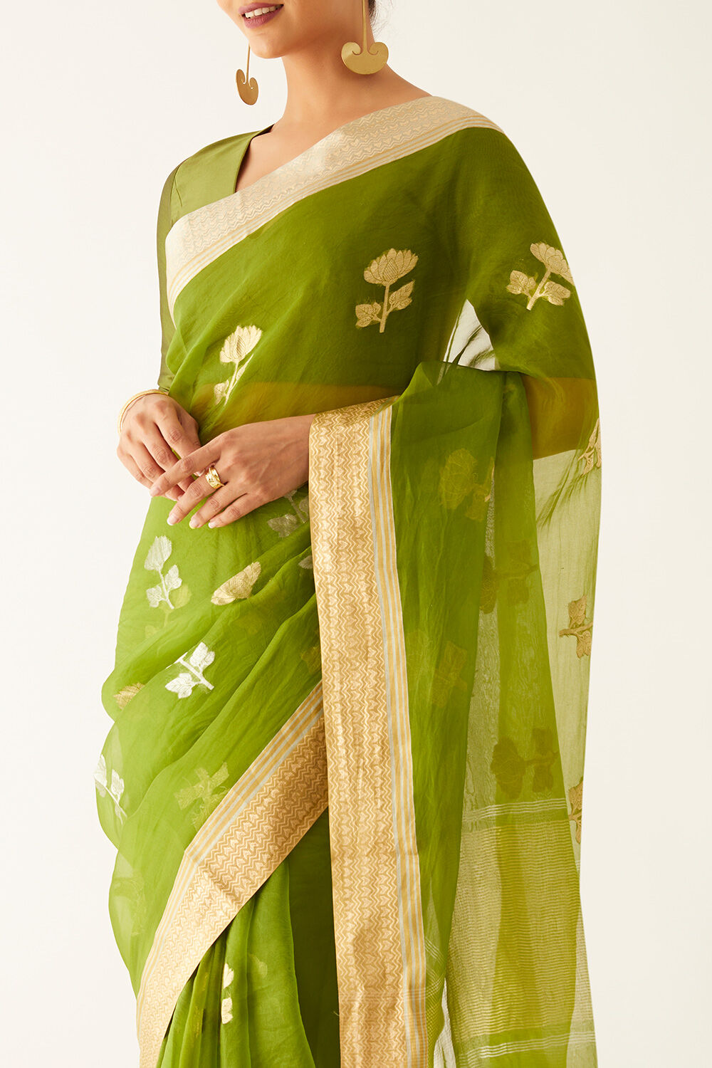 Dark Green Pure Organza Banarasi Saree image number null