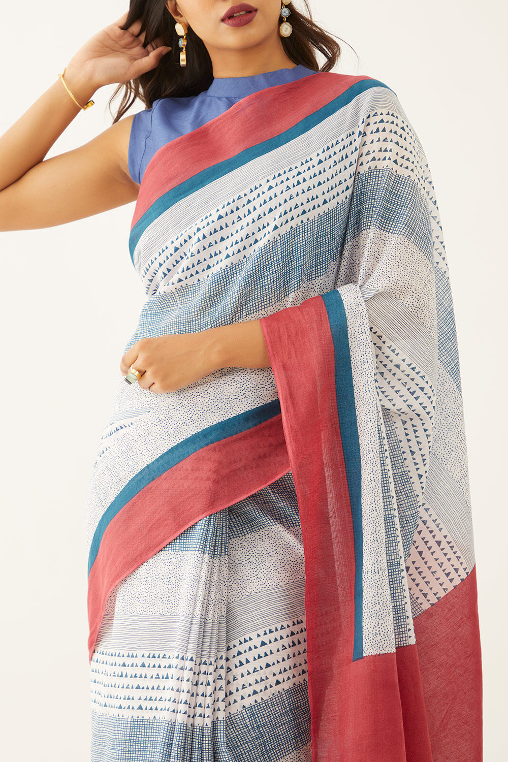 Off White Pure Cotton Mulmul Printed Bengali Saree image number null