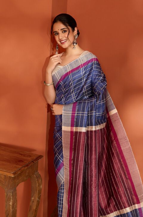 Blue Bhagalpur Woven Pure Tussar Silk Saree