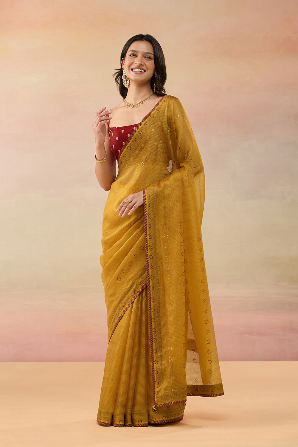 Yellow Pure Silk Kota Block Printed Saree image number null