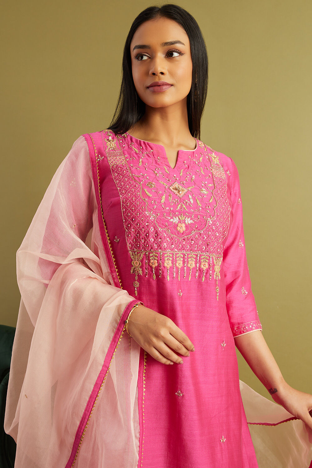 Purple Pure Silk Cotton Embroidered Kurta Set image number null