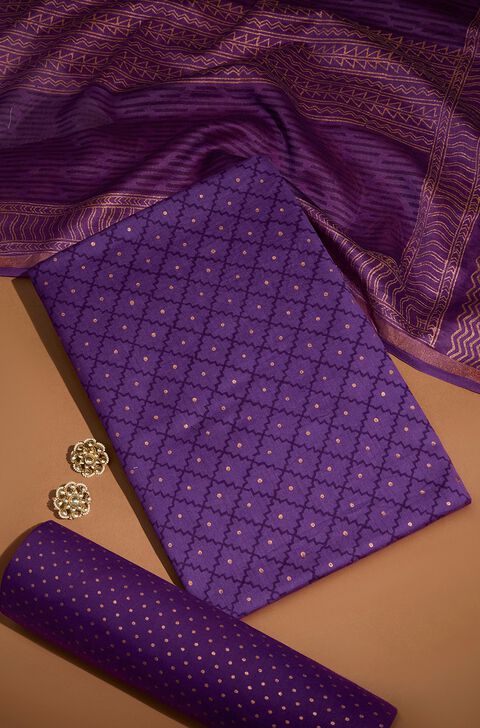 Dark Violet Pure Silk Cotton Block Printed Unstitched Suit Set