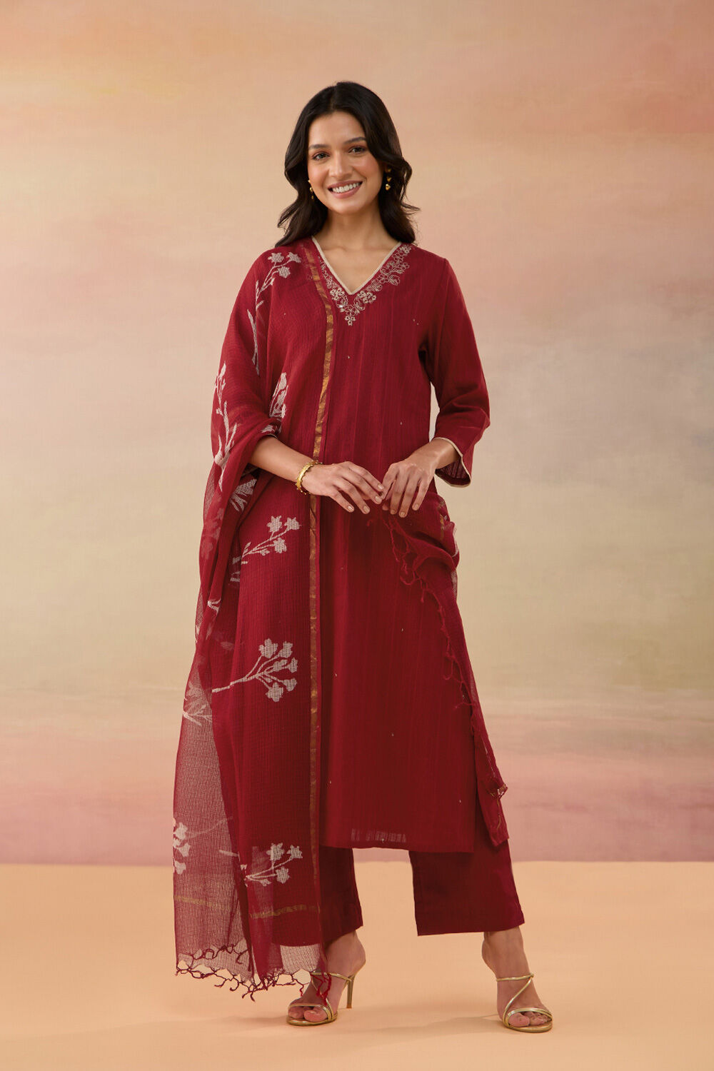 Red Pure Cotton Embroidered Kurta Set image number null