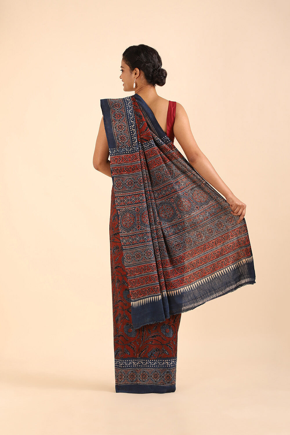 Red Pure Khadi Cotton Ajrakh Printed Saree image number null