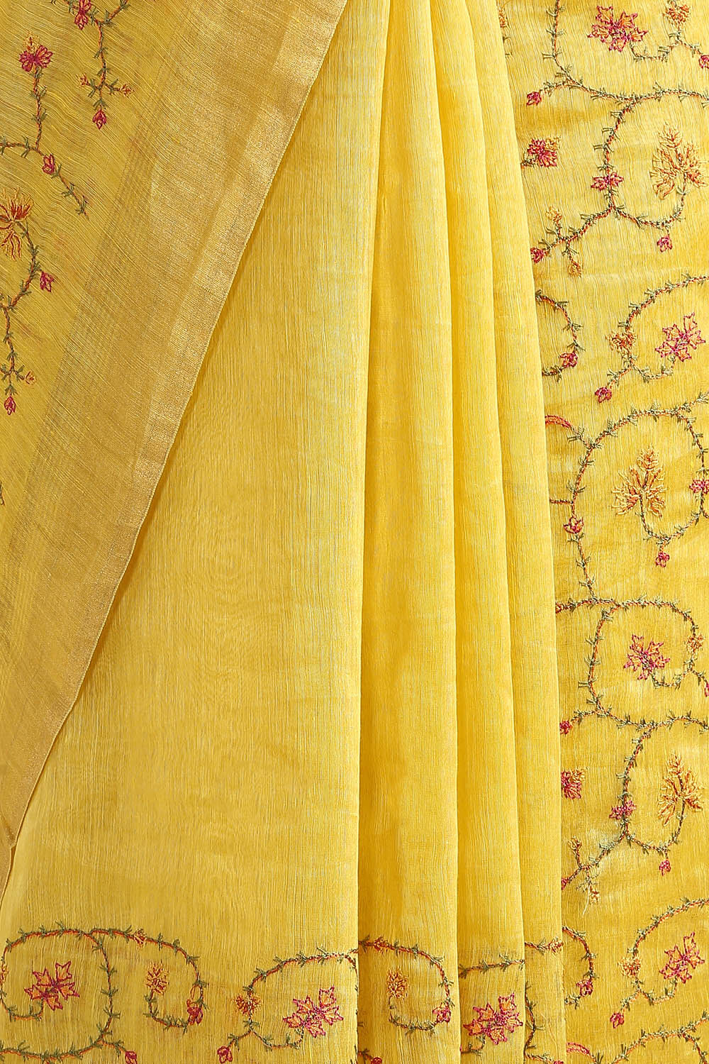 Yellow Pure Silk Linen Embroidered Saree image number null