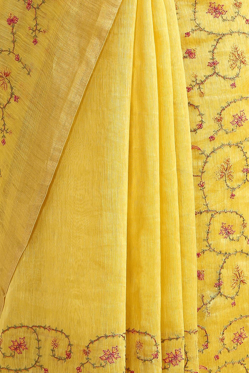 Yellow Pure Silk Linen Embroidered Saree image number null