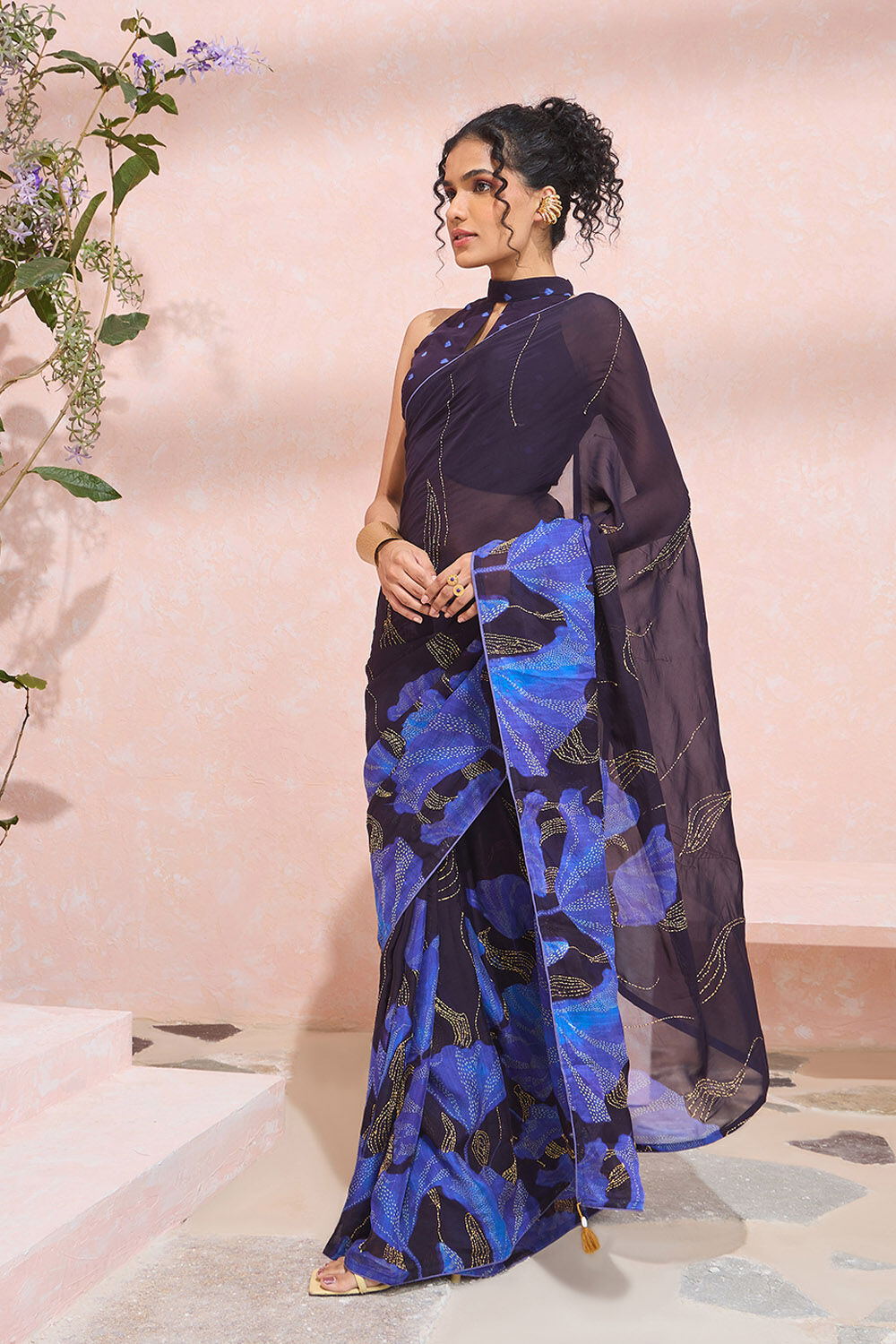 Dark Blue Printed Viscose Organza Kantha Saree image number null