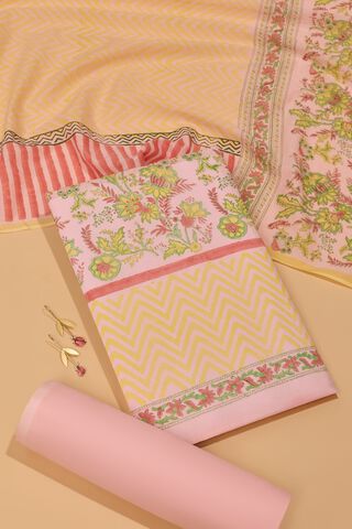 Light Pink Pure Cotton Printed Sanganeri Unstitched Suit Set image number